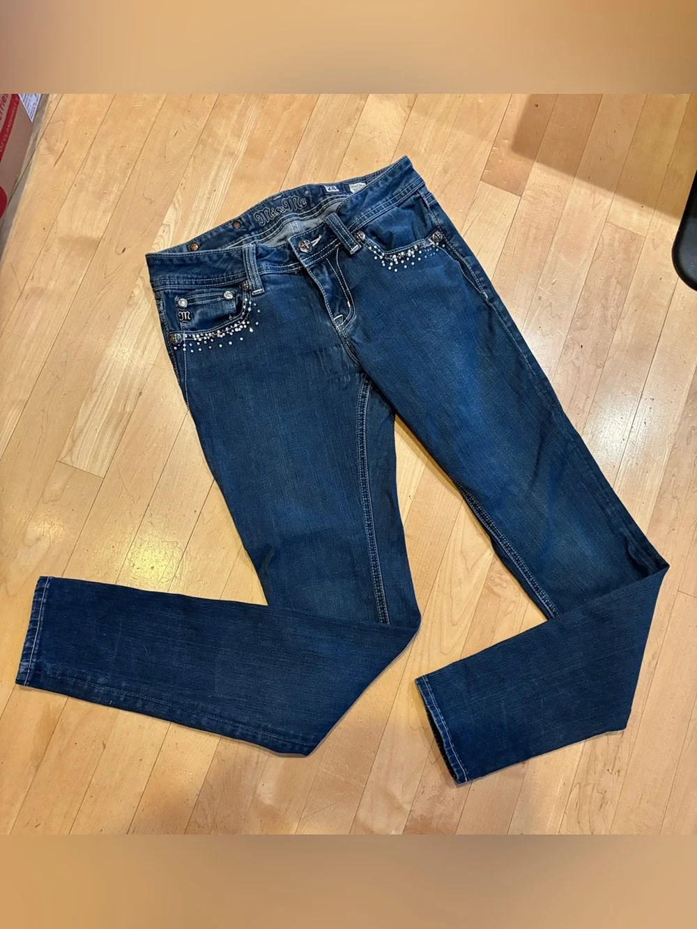Miss Me Medium-Dark Blue Skinny Jeans with Rhinestone Trim - Picture 1 of 16